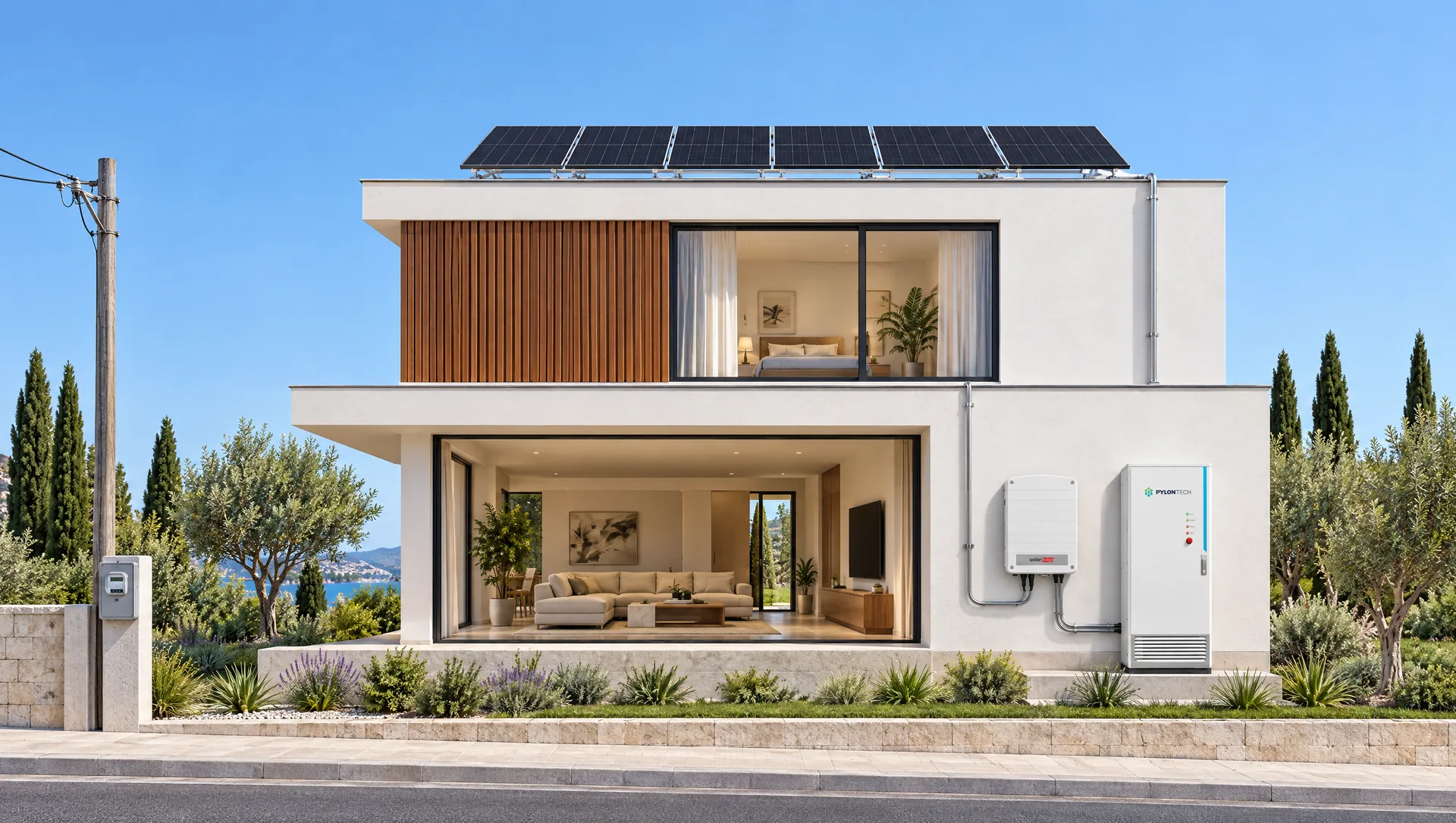 וילה עם מערכת סולארית: פאנלים, ממיר SolarEdge, סוללת Pylontech, מונה ורשת החשמל
